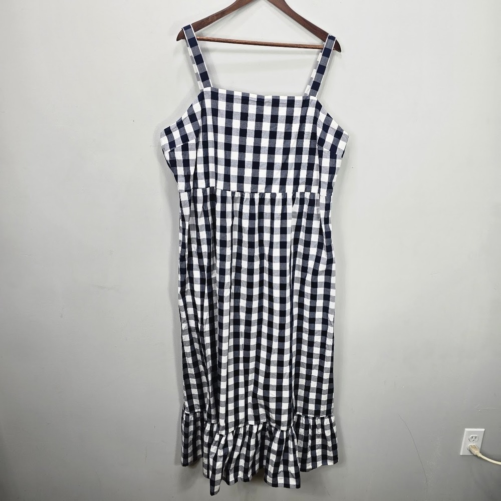 J By‎ J.Crew Maxi Dress 2X Navy White Gingham Plaid Tiered Ruffle Summer Resort